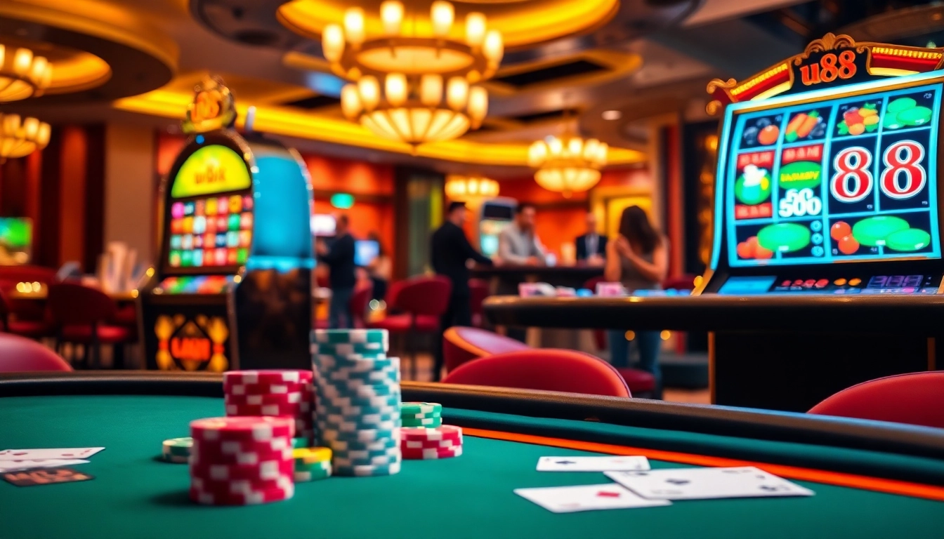 Experience the thrill of u88 at a luxurious casino table with vibrant poker chips and slot machines.