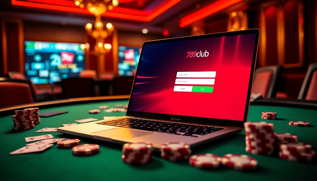 Login to 789club with excitement at a luxurious casino table filled with cards and chips.