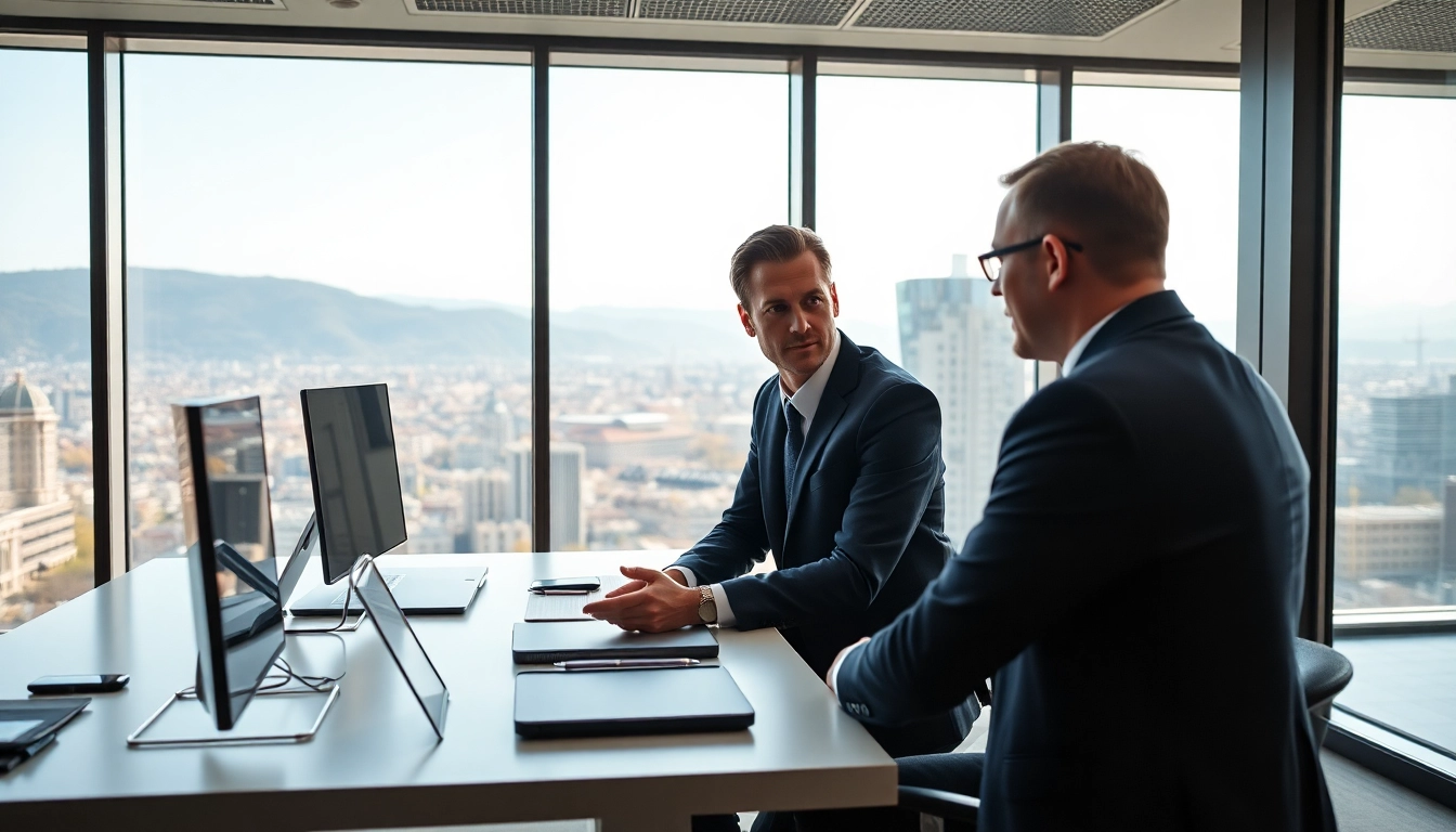 Headhunter Schweiz at a modern office meeting with a client, portraying professionalism.