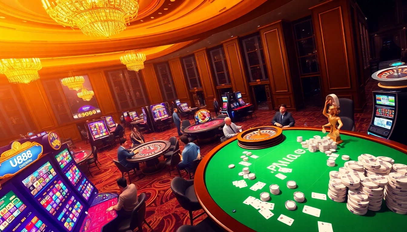 Experience the excitement of U888, a vibrant online casino with engaging game tables and luxurious decor.