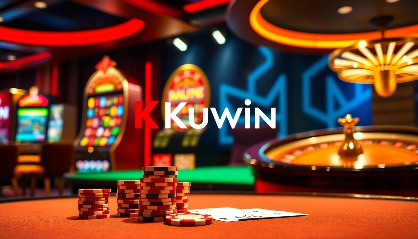 Kuwin online casino interface showcasing vibrant slot machines and elegant poker tables.