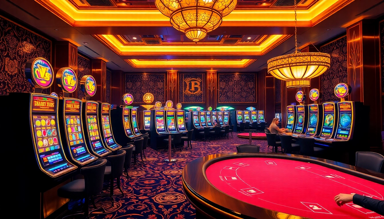Players enjoying nổ hũ games in a lavish casino, surrounded by bright slot machines and vibrant chips.