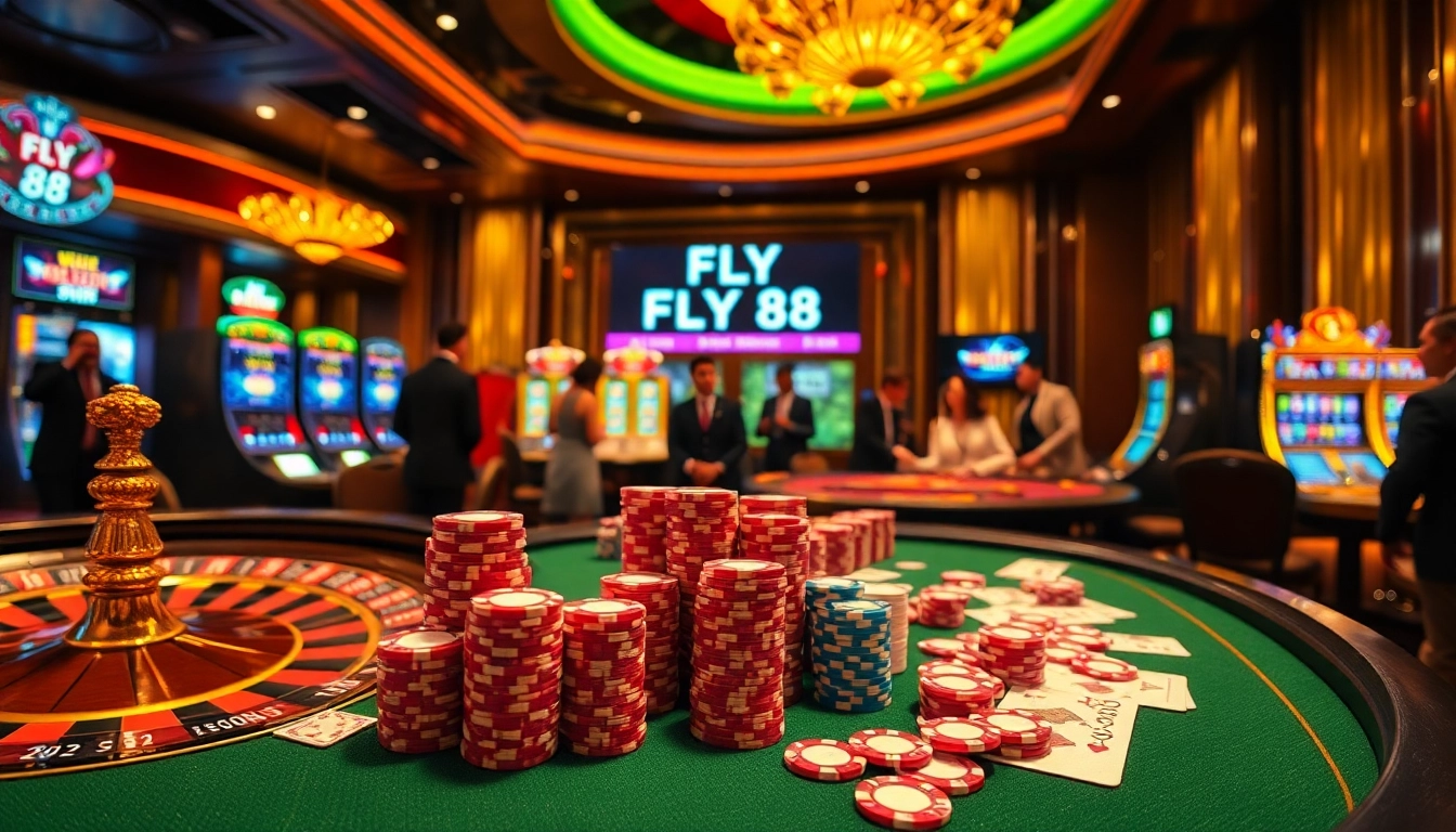 Excitement builds as gamblers enjoy games at FLY 88's luxurious casino tables, highlighted by poker chips and slot machines.