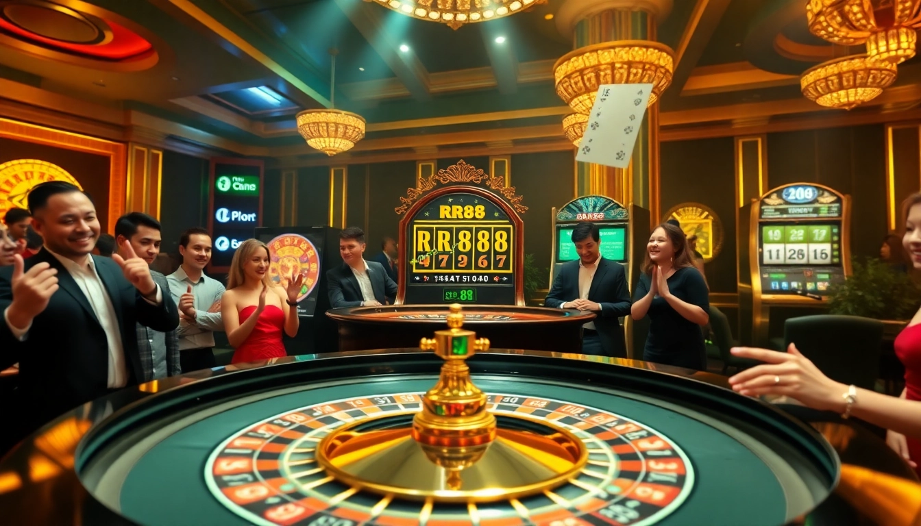 Players celebrating their wins at the RR88 roulette table in a luxurious casino setting.