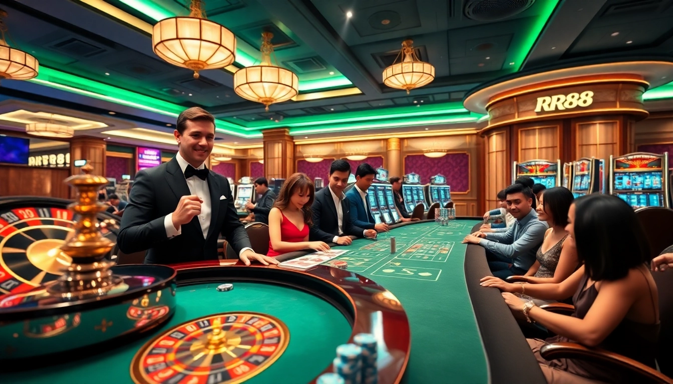 Experience the excitement of RR88 with a vibrant, professional casino atmosphere showcasing roulette and players.