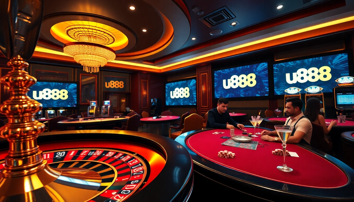 Engage with thrilling games of chance at u888, featuring a luxurious casino scene with roulette wheel and poker chips.