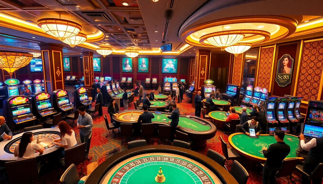 Experience the excitement of Sc88 Trang Chủ with a vibrant casino atmosphere featuring roulette, slots, and engaged players.