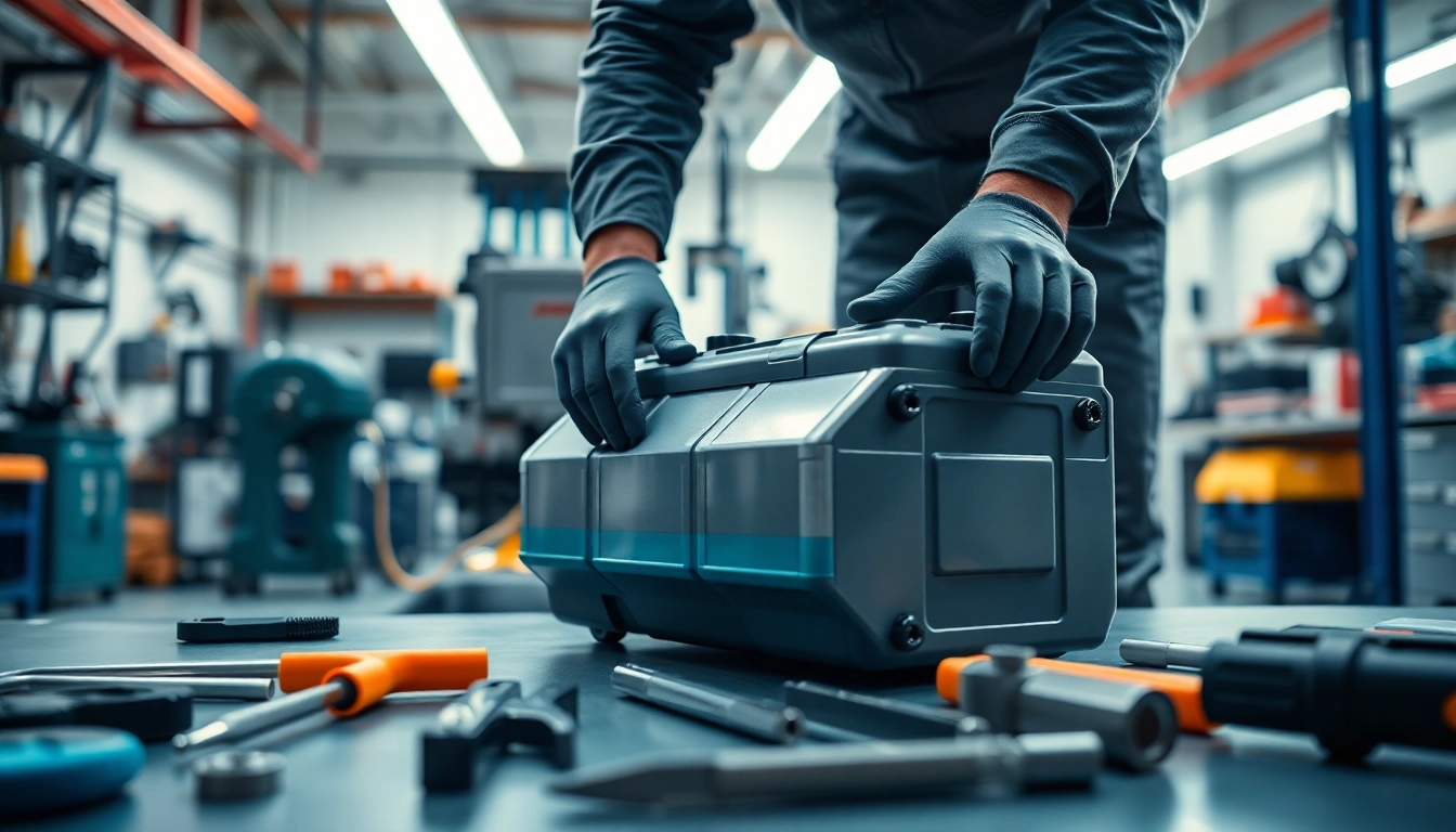 Kunststoff Batteritank demontieren durch einen Fachmann in einer Werkstatt.