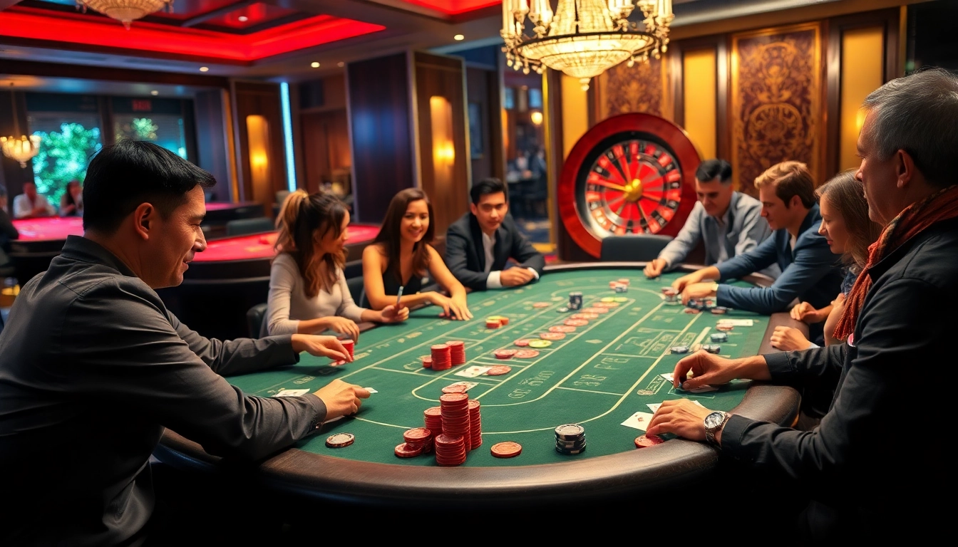 Players enjoying poker at a lively casino table, highlighting qh88 excitement and luxury.