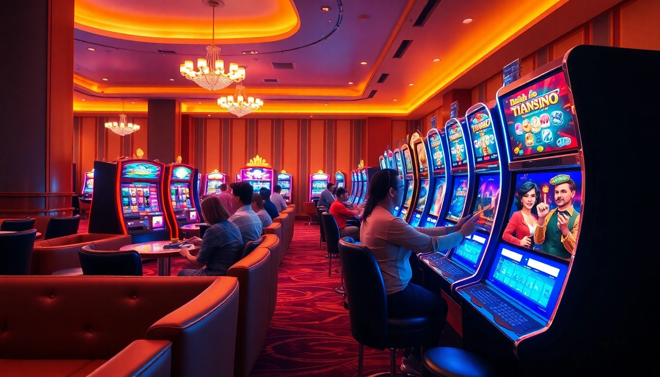 A modern online kaszinó atmosphere showcasing players enjoying casino games in a vibrant lounge.