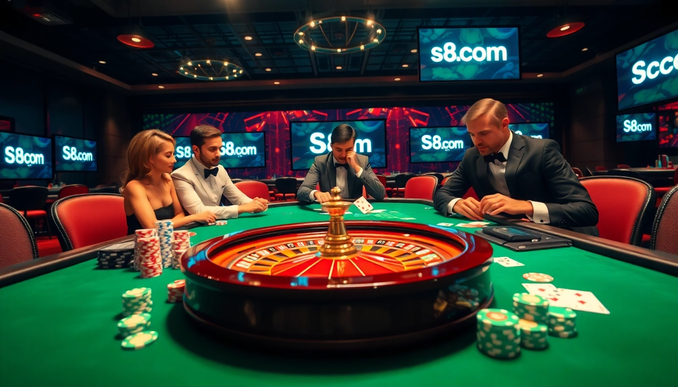 Exciting gaming at s8.com with players at a luxurious poker table, showcasing vibrant casino elements.