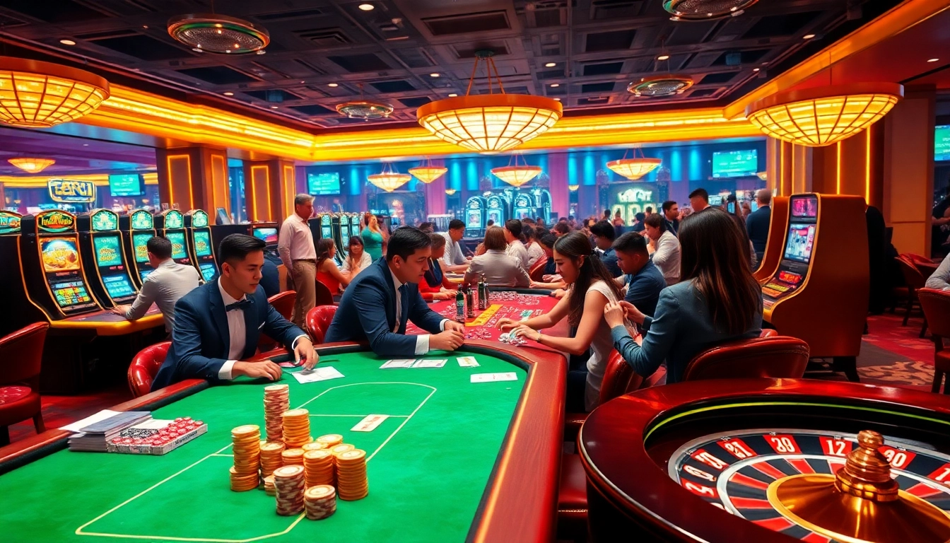 Engaging scene of enthusiastic players at SOIBET casino tables, capturing the thrill of gambling.