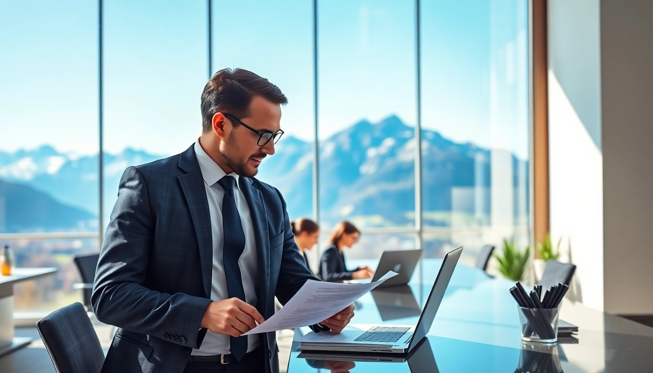 Headhunter Schweiz analysiert Lebensläufe und berät Klienten in modernem Büro.
