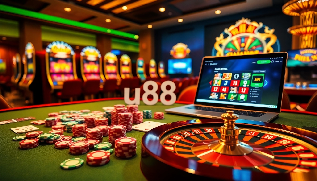 Experience the excitement of winning at the u888 page casino with vibrant poker chips and roulette wheel.