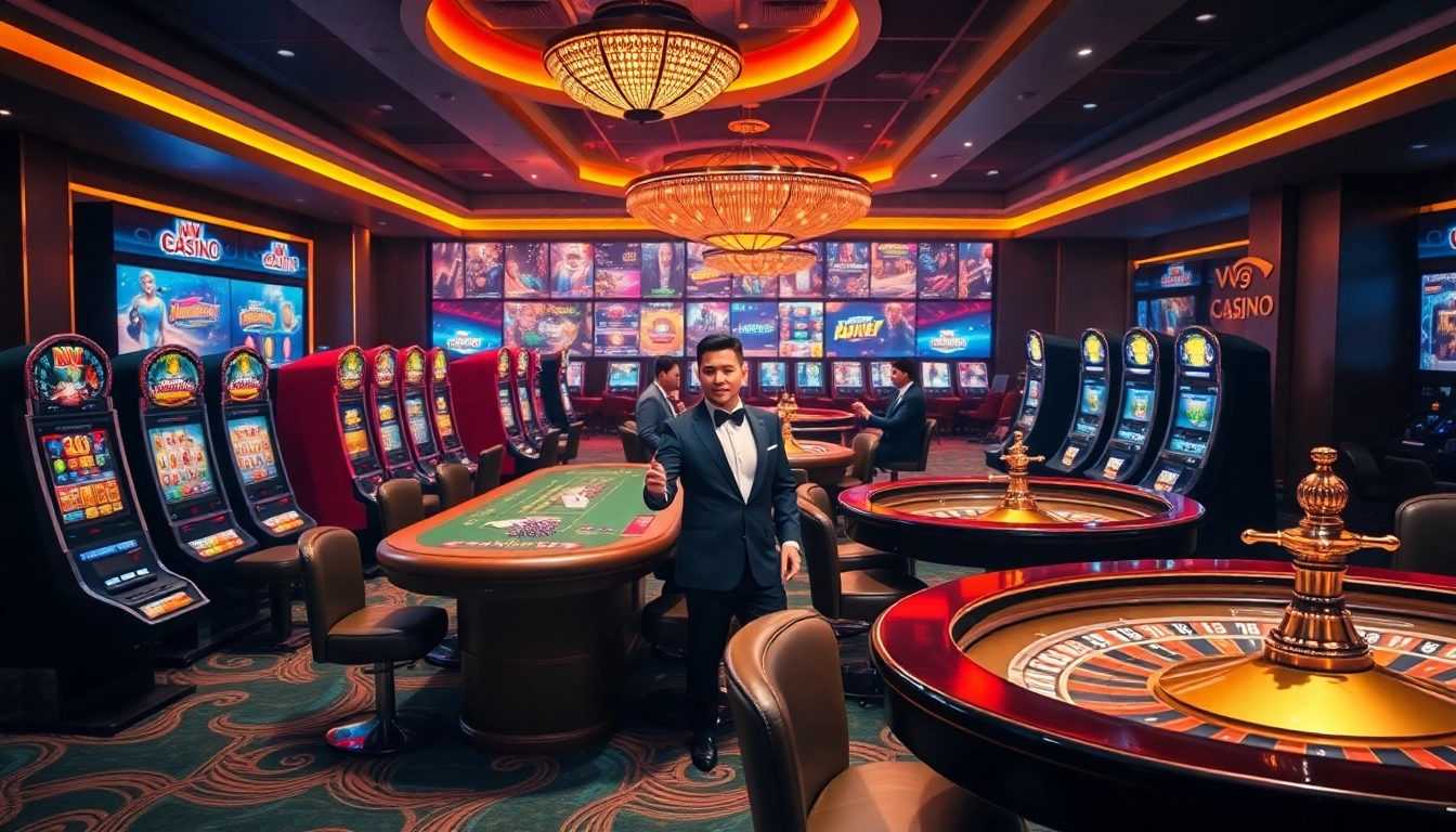 Belebte Szene im NV Casino, die farbenfrohe Spielautomaten und Pokertische zeigt.