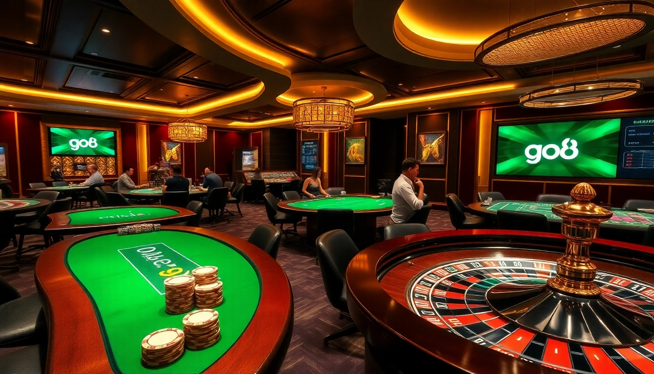 Players enjoying various table games and slot machines at a go8 casino, showcasing excitement and luxury.