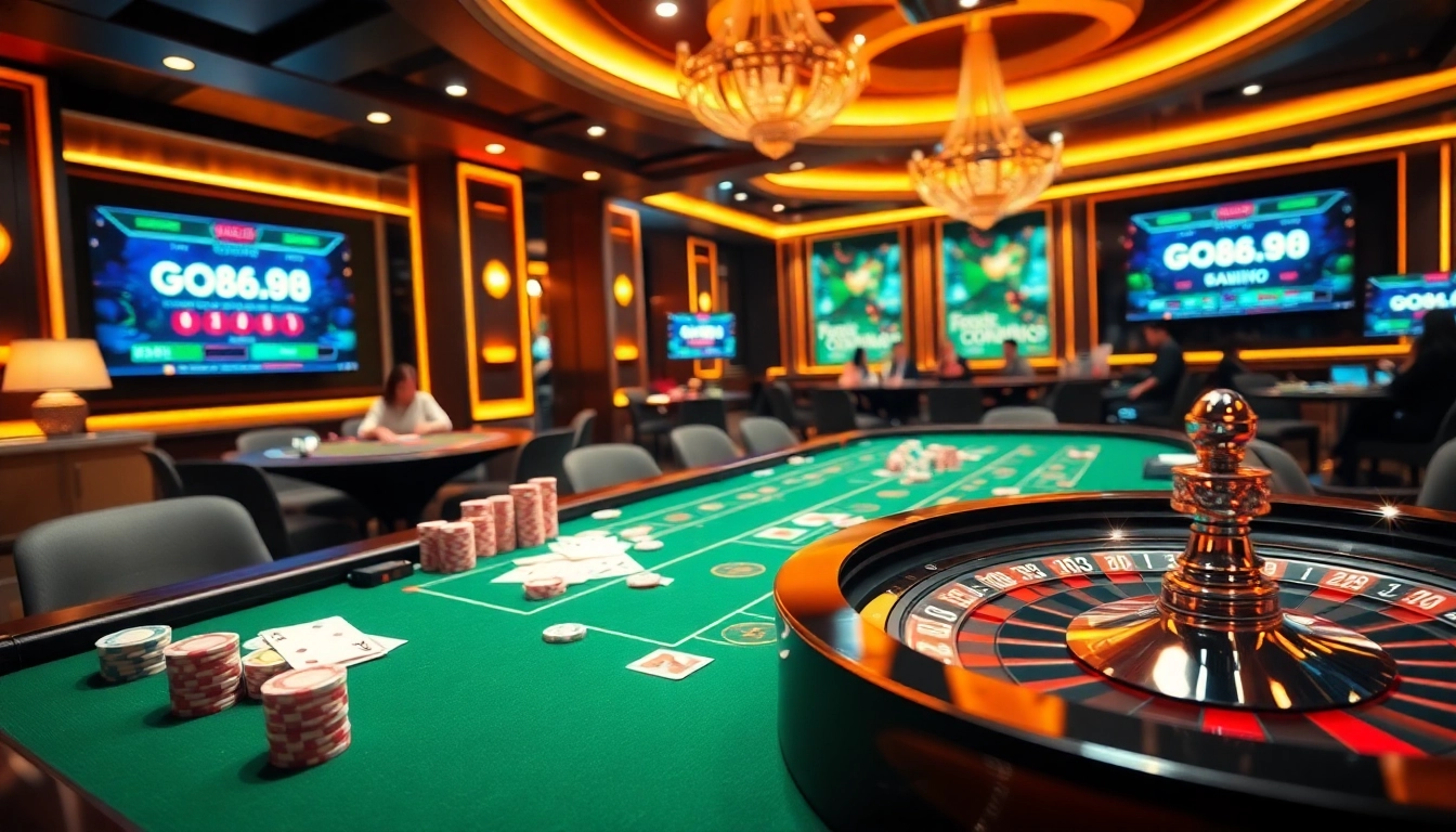 Experience thrilling gaming action at go888.jp.net with vibrant cards and roulette wheel.