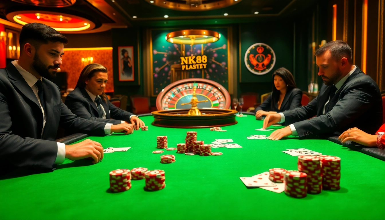 Experience excitement at the NK88 poker table with chips and cards in a luxurious casino setting.