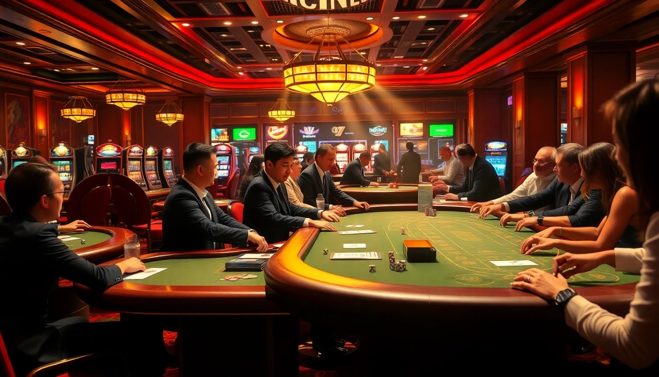 C168 game: A vibrant casino scene with players enjoying poker and colorful slot machines.