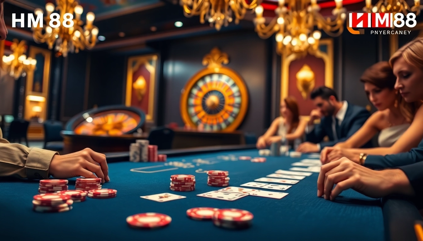 Experience excitement at HM88 with players at a luxurious poker table and roulette wheel.