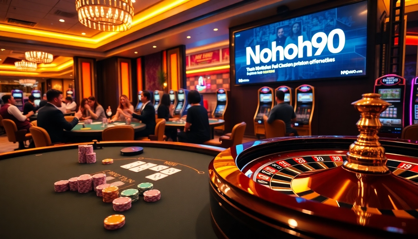 Nohu90 casino scene with vibrant tables, cards in play, and luxurious atmosphere.