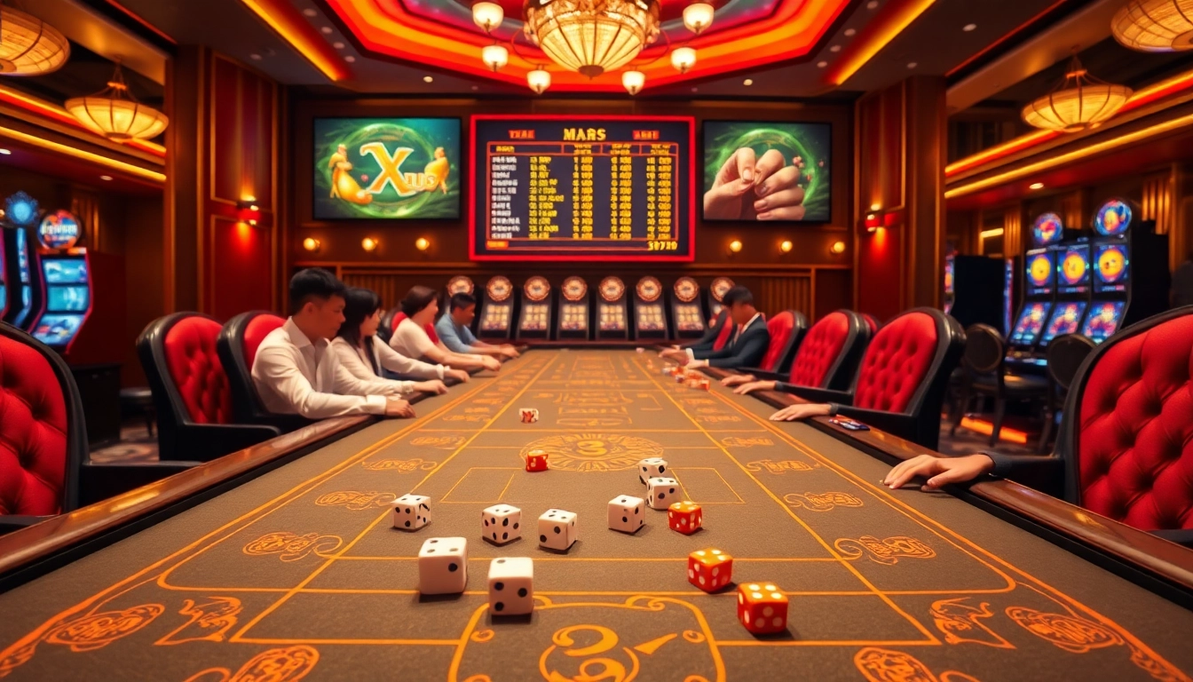 Exciting players betting at Tài Xỉu MD5 table in a luxurious casino setting.