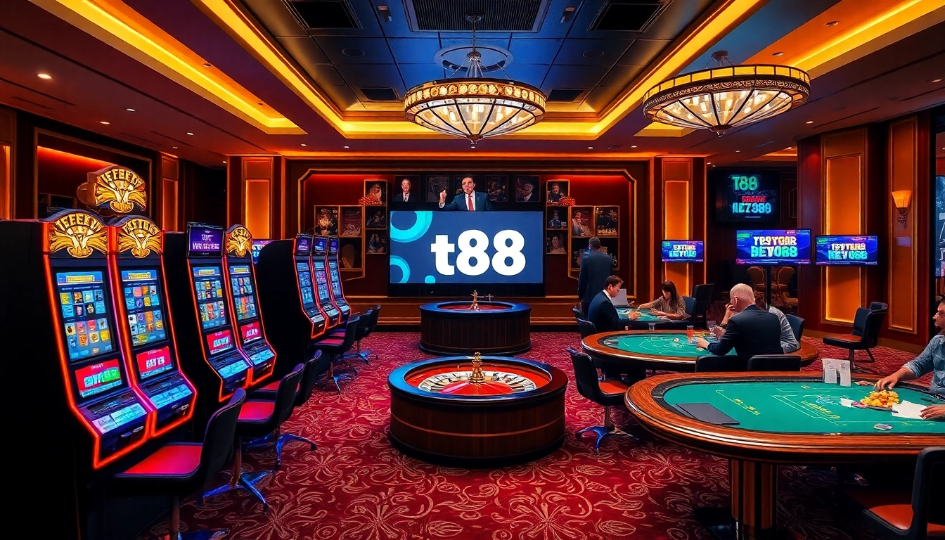Experience the excitement of gambling at tt88's luxurious casino with vibrant slot machines and elegant tables.