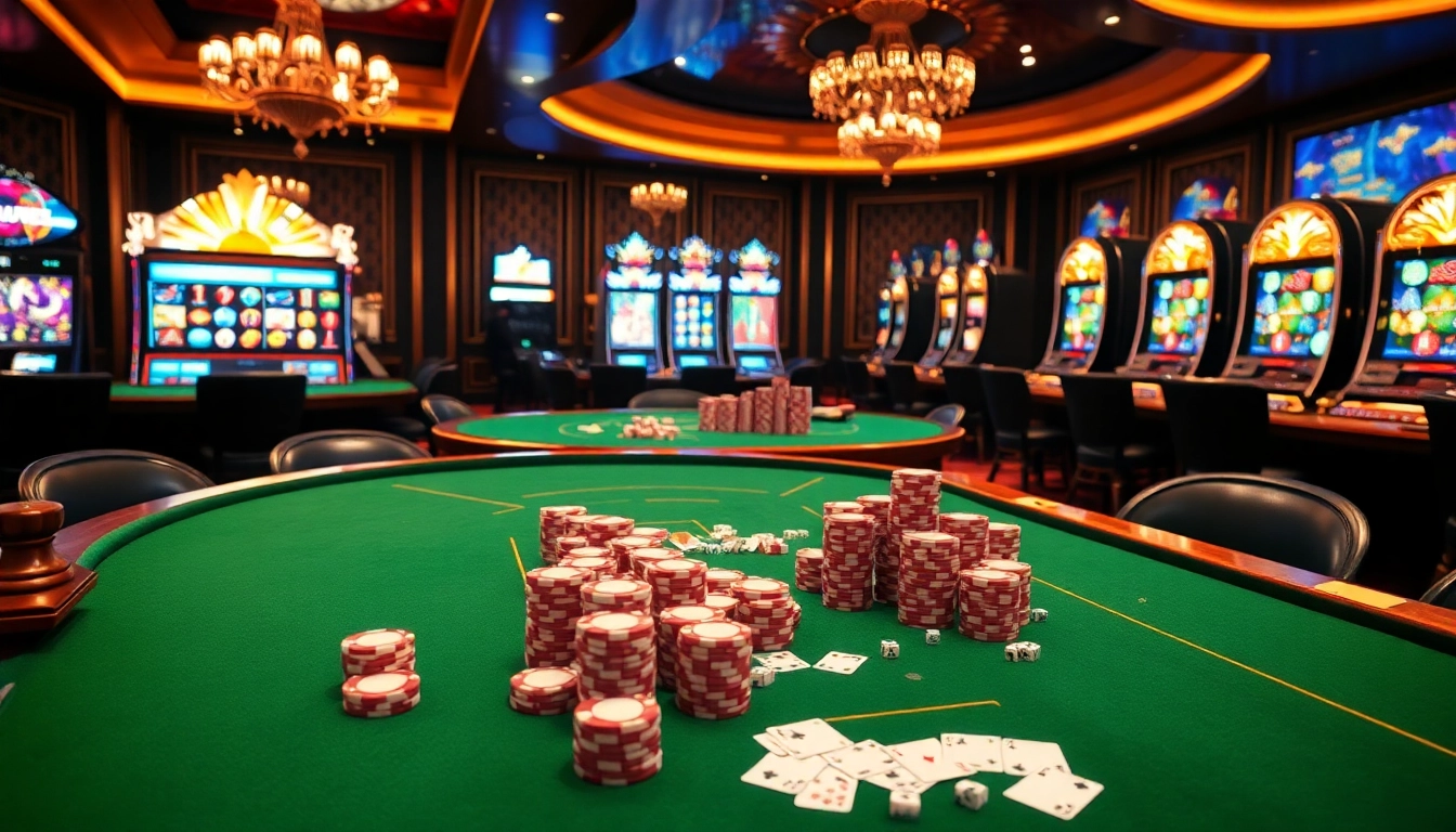Cazinouri online Germania fără depunere, prezentând scene vibrante de jocuri de noroc cu mese elegante și mașini de sloturi colorate.