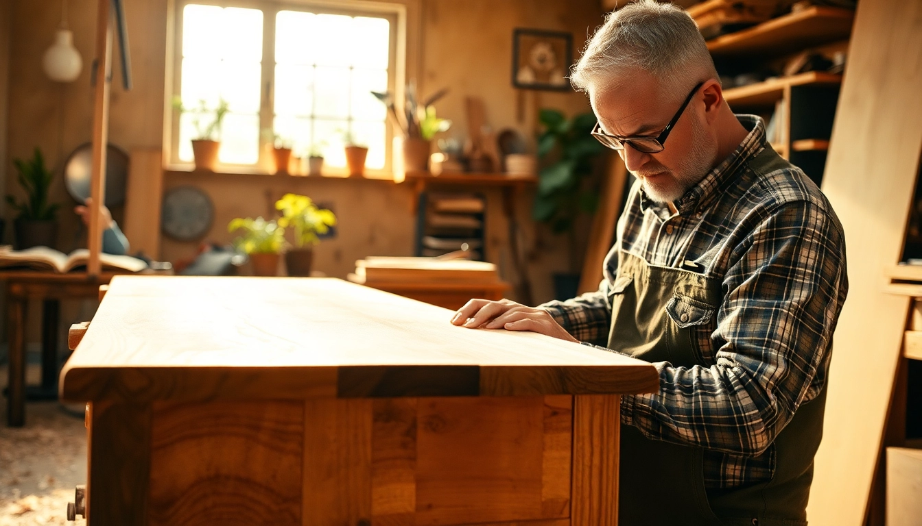 Carpenter skillfully crafting furniture in a warm workshop environment.