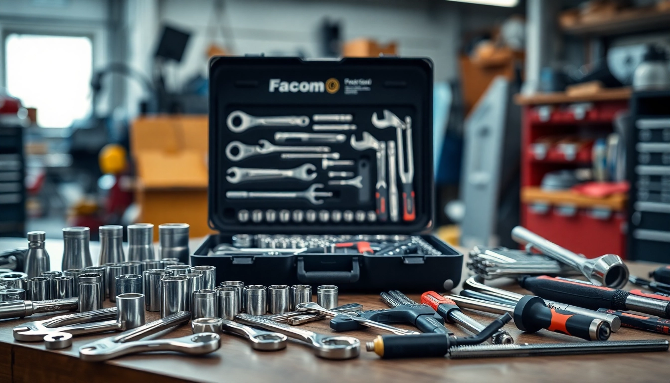 Hochwertige Facom Werkzeuge, die in einem professionellen Werkstattumfeld ausgestellt sind.