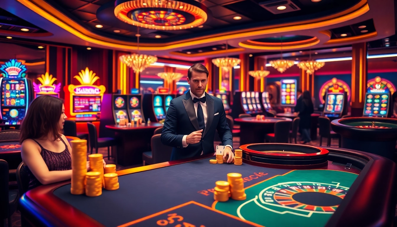Engaging gamblers at the TG88 casino with vibrant tables and slot machines.