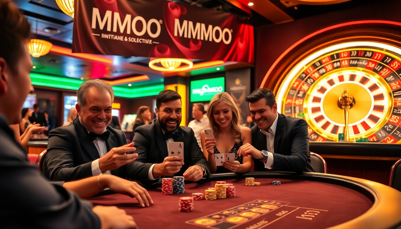 Players enjoying an exciting poker game at the MMOO casino, showcasing luxury and engagement.