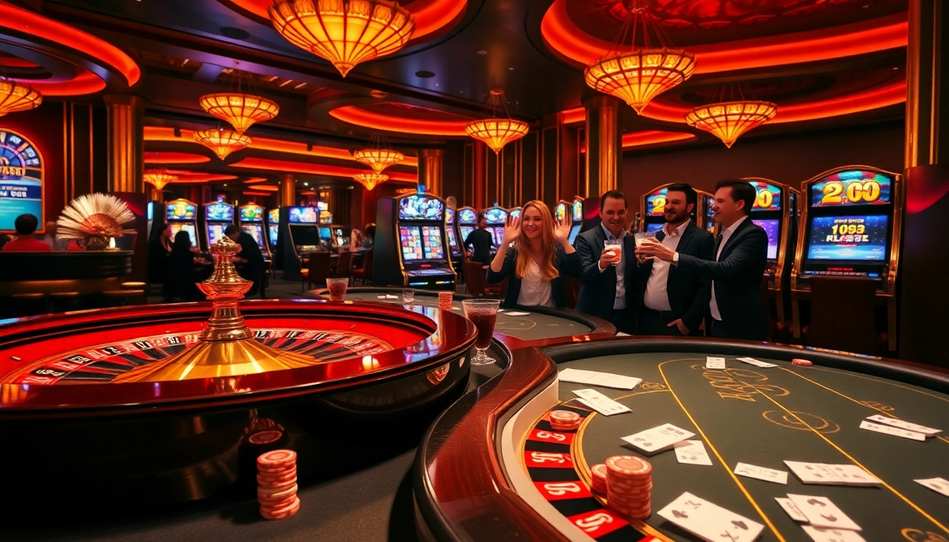Exciting go8 casino scene with roulette, poker tables, and vibrant slot machines.