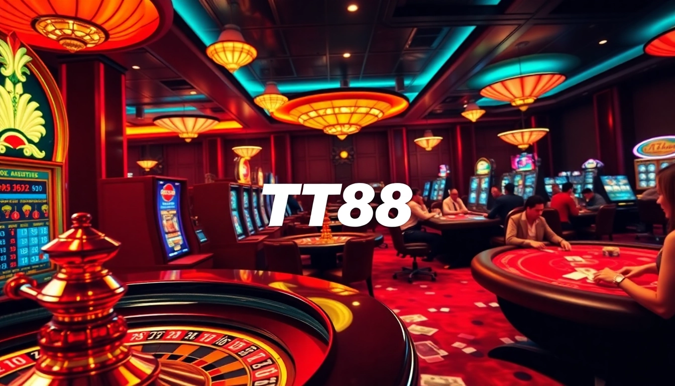 Players engaging in thrilling games at TT88's luxurious casino, showcasing roulette and slot machines.