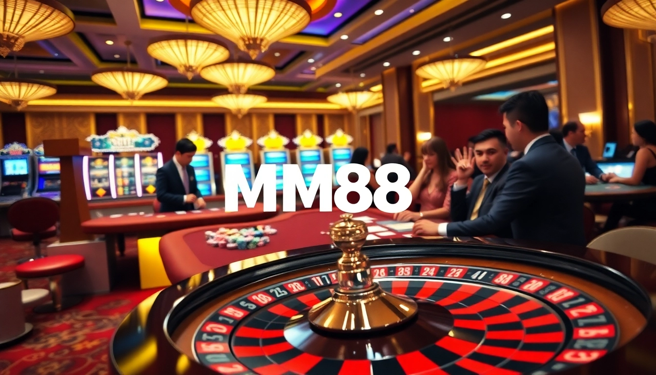 Engage with MM88's thrilling casino atmosphere featuring vibrant games, dealers, and winning chips.