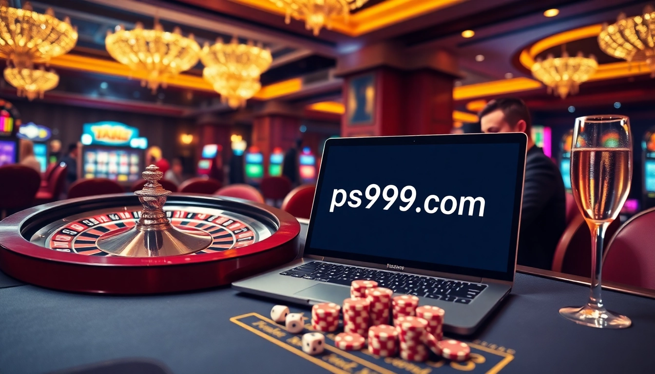 Experience thrilling games at ps99seo.com with vibrant casino visuals featuring roulette, poker chips, and slot machines.
