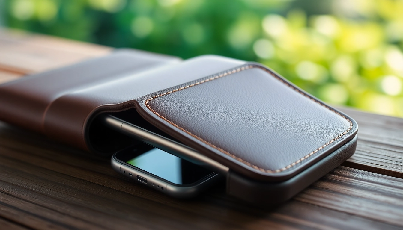 Handytasche Magnetverschluss mit eleganten Details und hochwertiger Verarbeitung auf einem Holztablett.