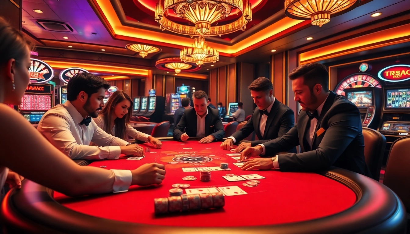 Players enjoying a thrilling poker game at 789P casino, with chips and cards in action.