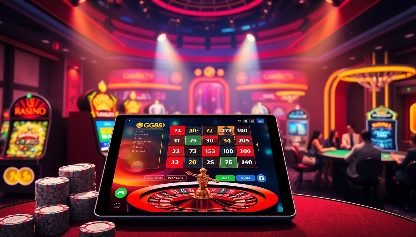 Enjoying virtual gambling action on the gg88 apk platform featuring vibrant slot machines and poker chips.