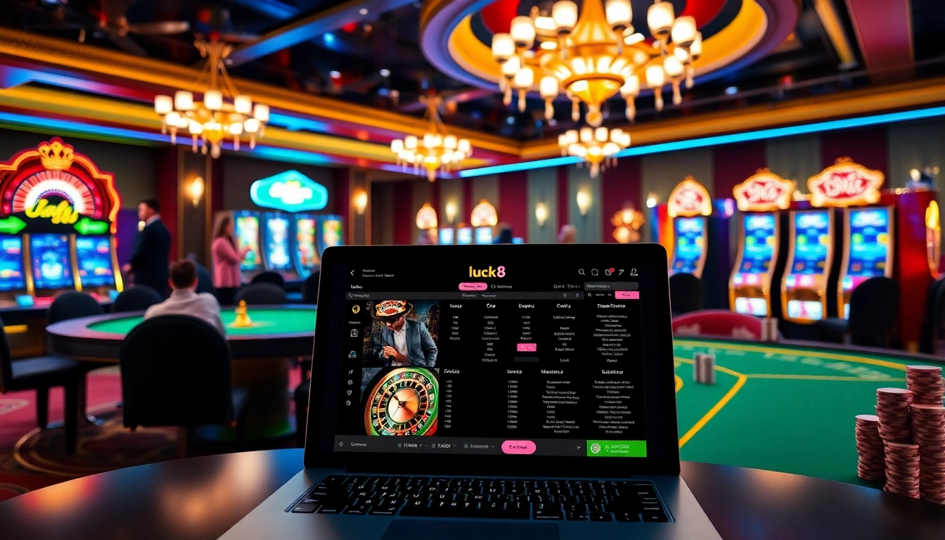 Experience the thrill of gambling with luck8, showcasing vibrant poker games and slot machines.