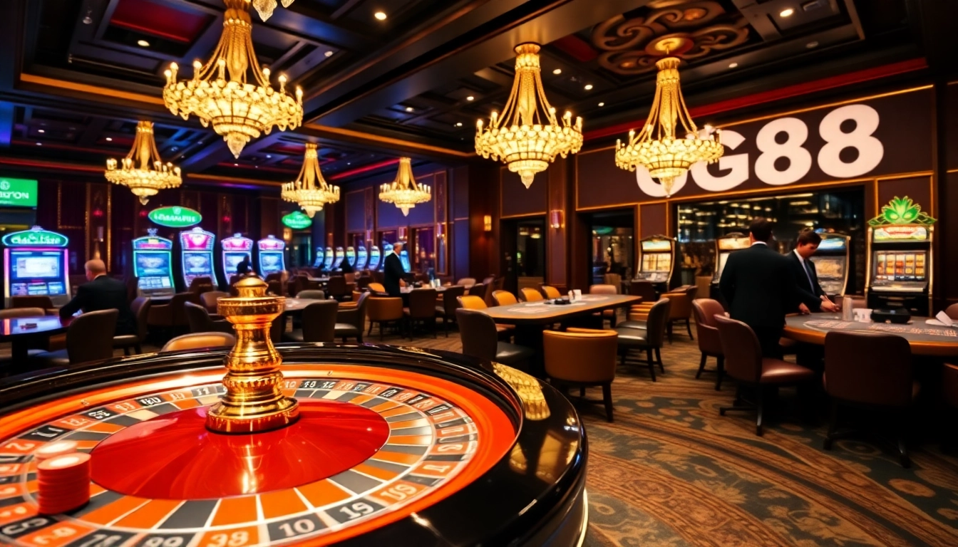 Experience the excitement of gambling at GG88 with poker chips, roulette tables, and a vibrant casino atmosphere.