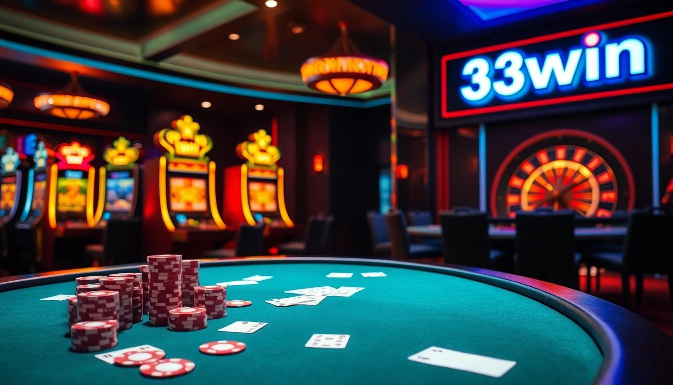 Winning at poker with 33win-themed chips and cards in a luxurious casino setting.