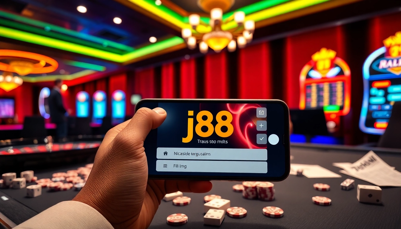 Engage with the j88 app interface vividly illustrated on a smartphone at an upscale casino table.