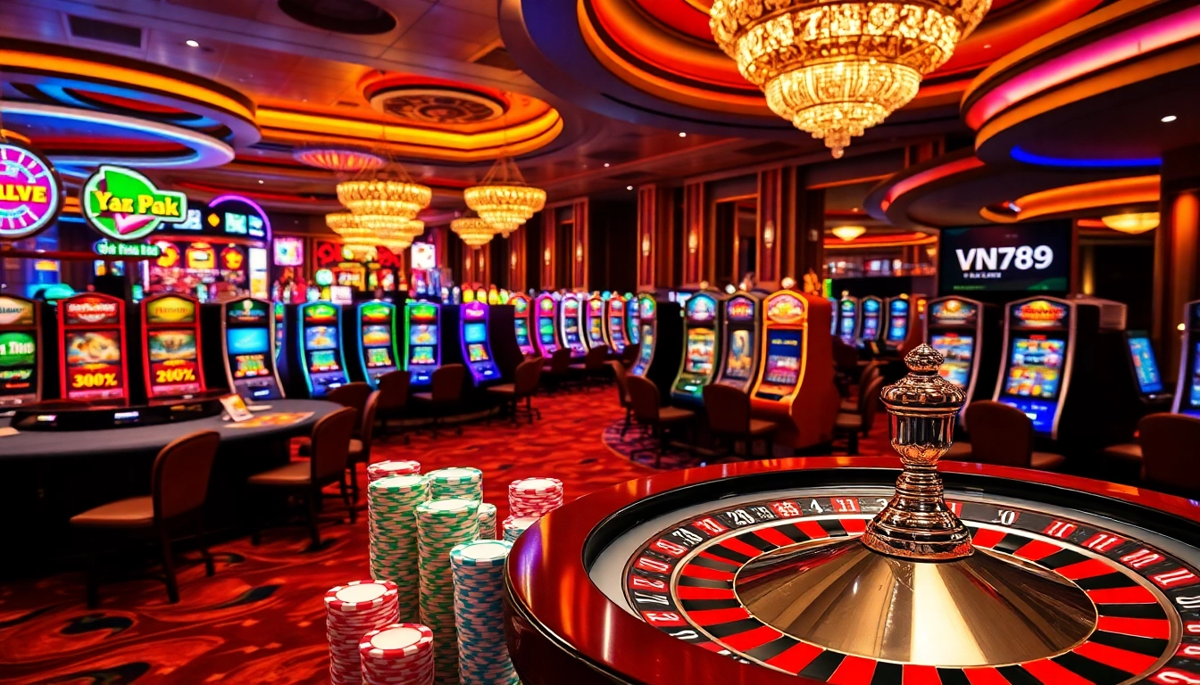 Experience the excitement of gambling at VN789 with roulette wheels, poker chips, and digital gaming displays.