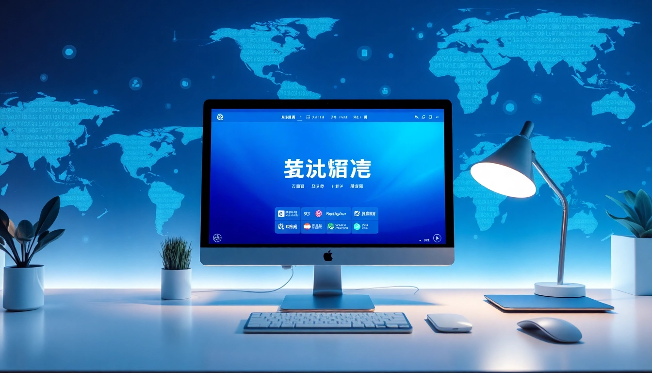 Modern digital workspace showcasing the 有道 translation interface and global connectivity.