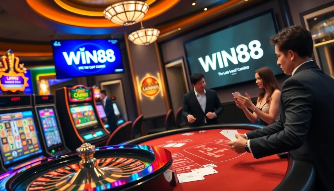 Players engaging in thrilling gambling action at WIN88 casino, with poker chips and vibrant slot machines in view.
