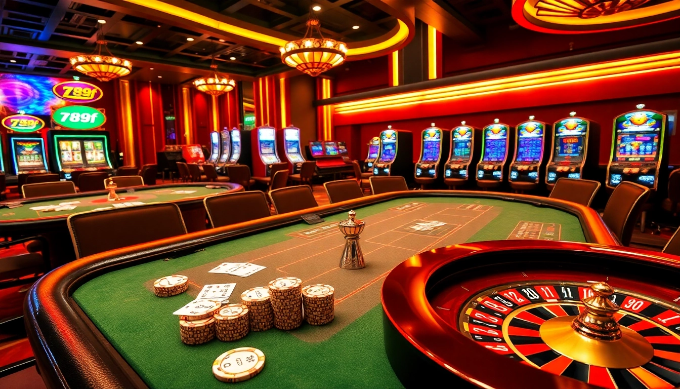 A thrilling casino game scene featuring 789f branding with poker chips, cards, and a roulette wheel.