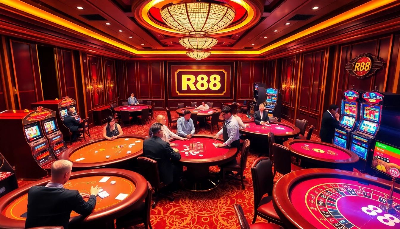 Players enjoy exciting games at the RR88 casino, showcasing vibrant tables and glamorous atmosphere.