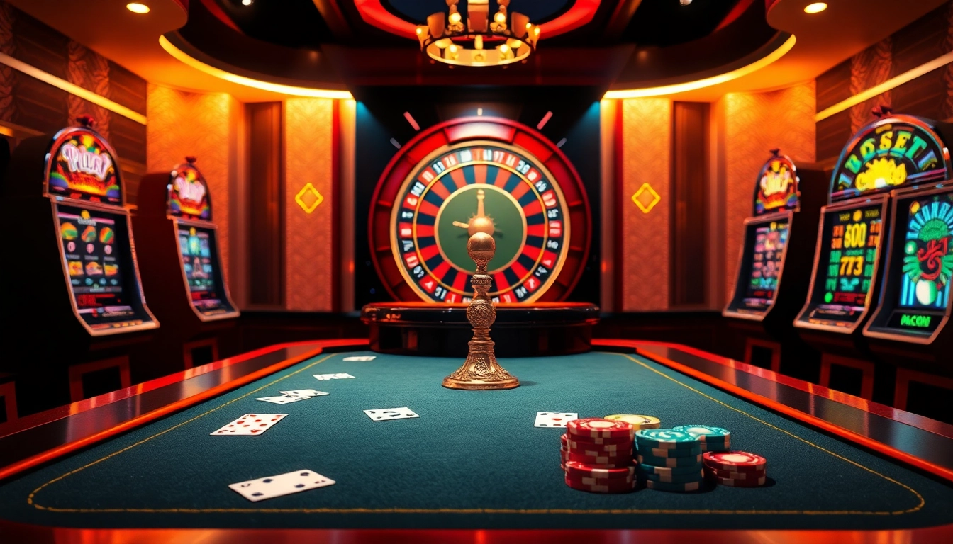 Experience CM88's captivating casino ambiance with vibrant game tables and a dynamic roulette wheel.