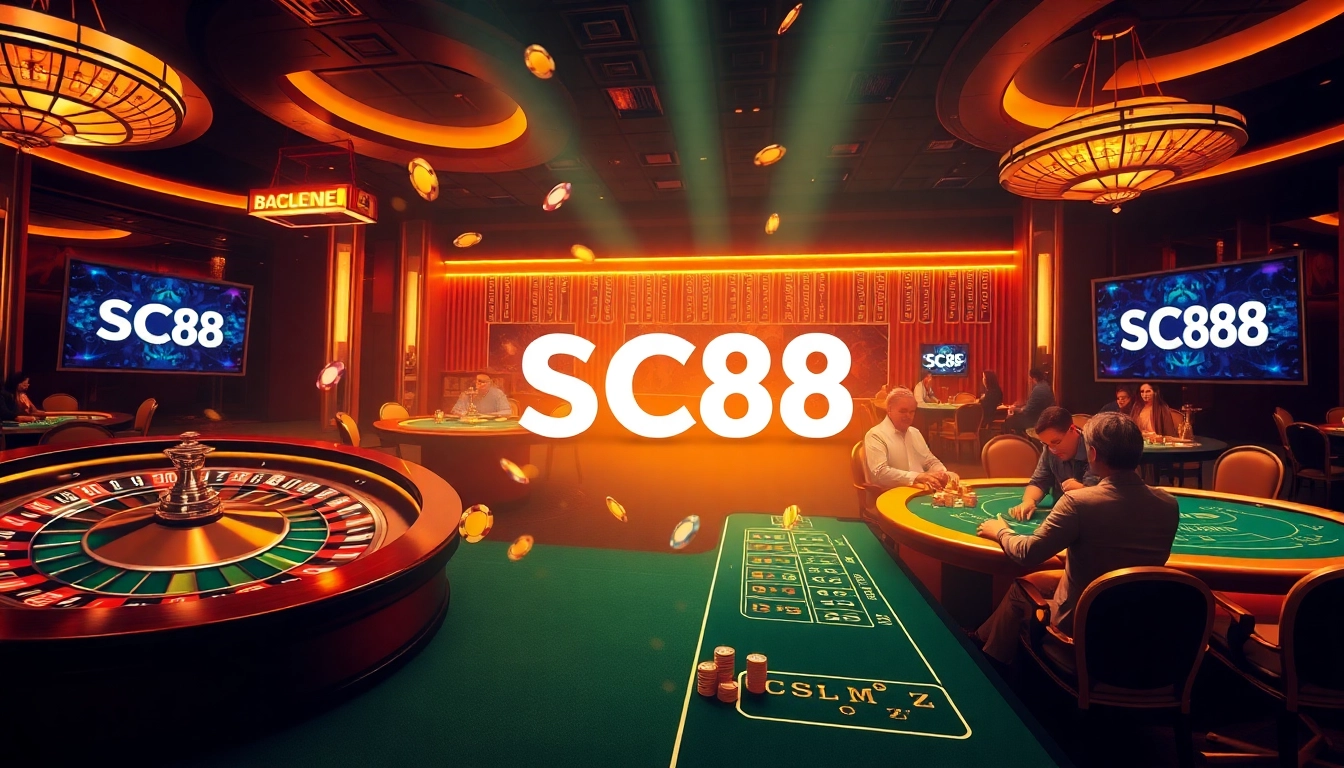 Exciting casino atmosphere showcasing SC88 logo with roulette, blackjack, and poker elements.